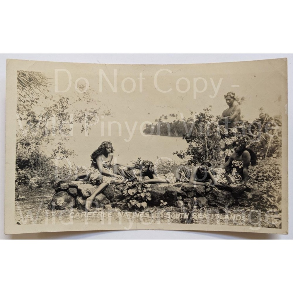 Antique c1900s Photograph South Sea Islands Polynesian Women Man Tropical Scene